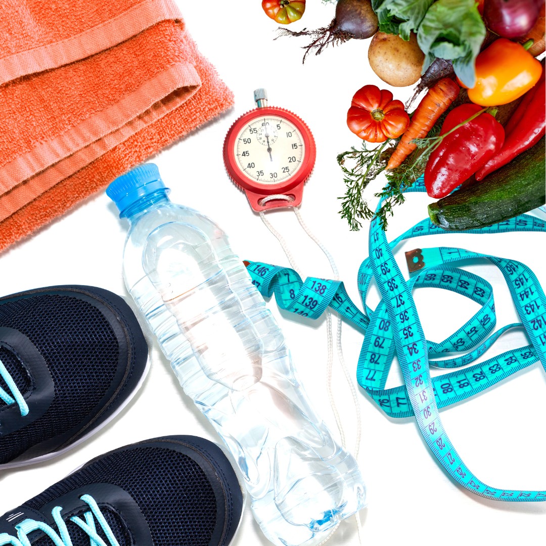 Tools for weight management Tools for weight management: running shoes, water bottle, and healthy foods