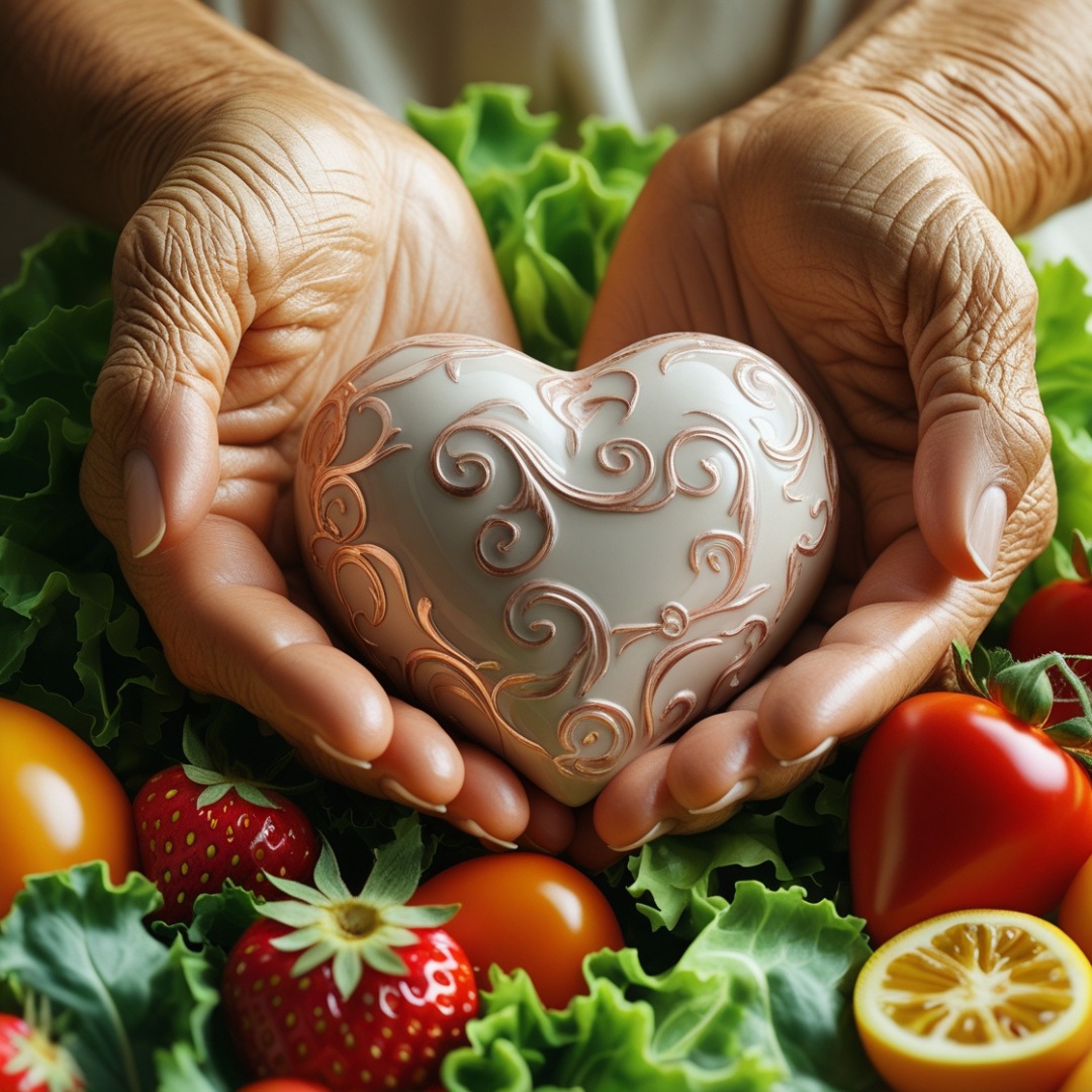 Hands holding a heart-shaped object near healthy foods, symbolizing heart health and nutrition.