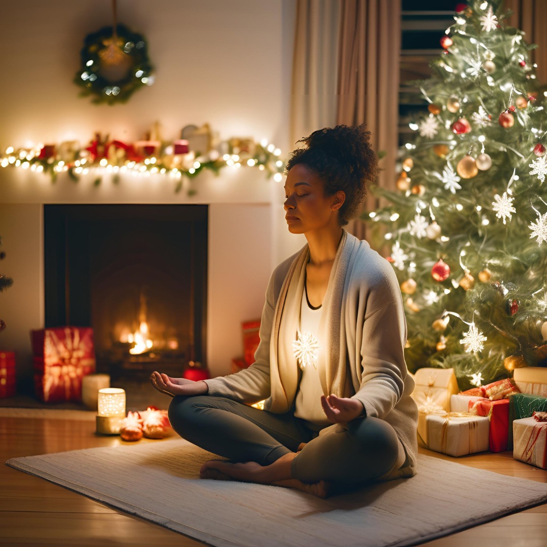 A person meditating by a decorated Christmas tree, radiating calmness and relaxation.