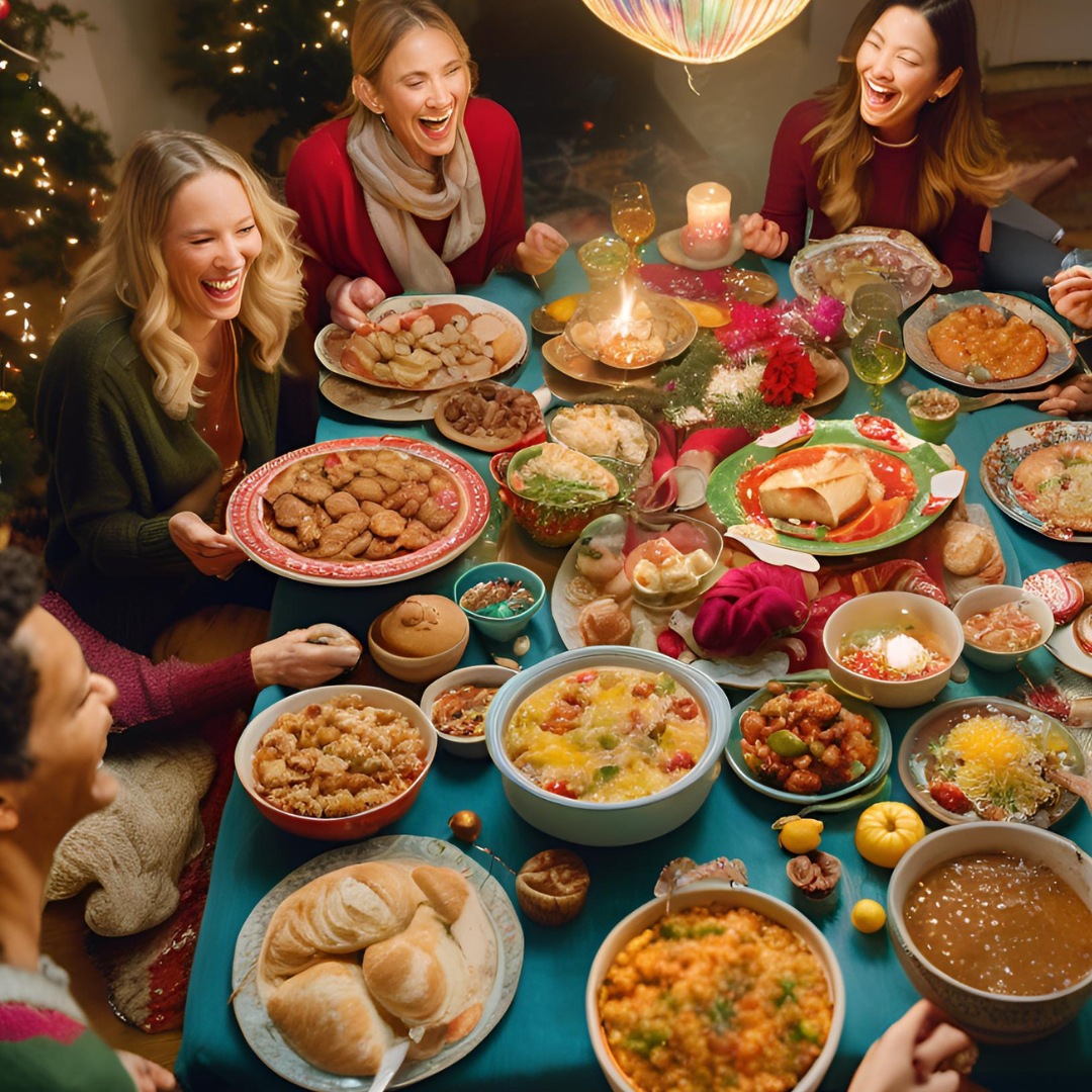 A group of friends enjoying a holiday potluck, laughing and sharing food.