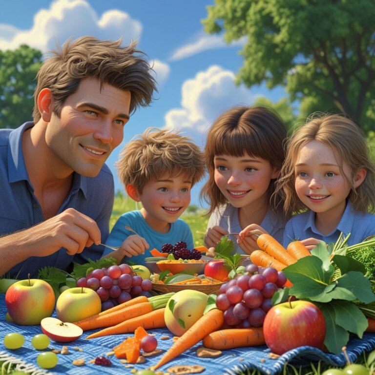 A family sharing a healthy meal outdoors with colorful fruits and vegetables, representing a balanced lifestyle."