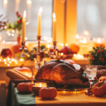 A holiday table set with candles and greenery, focusing on mindfulness over food.