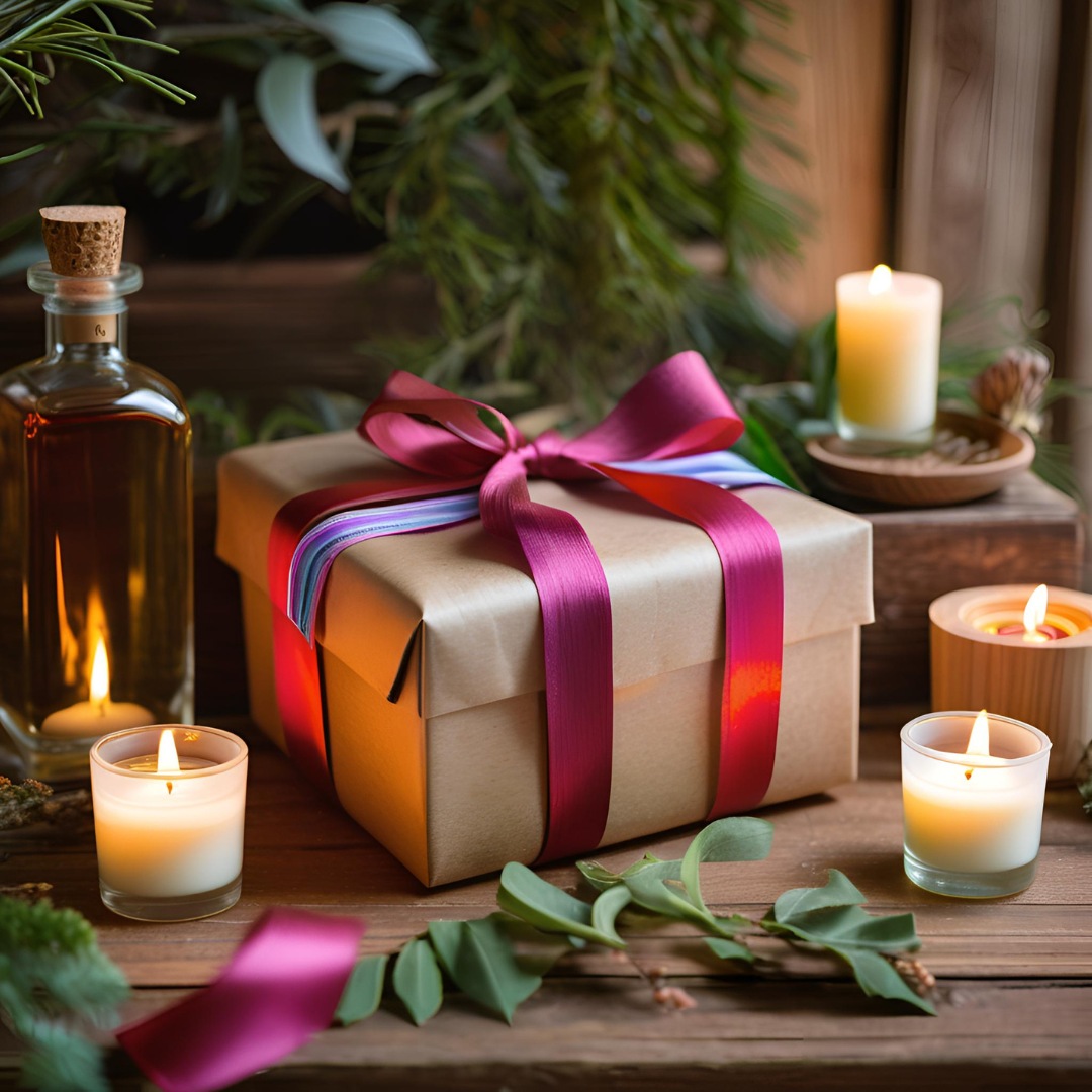 A mindful wellness gift box featuring candles, oils, and sustainable wrapping.