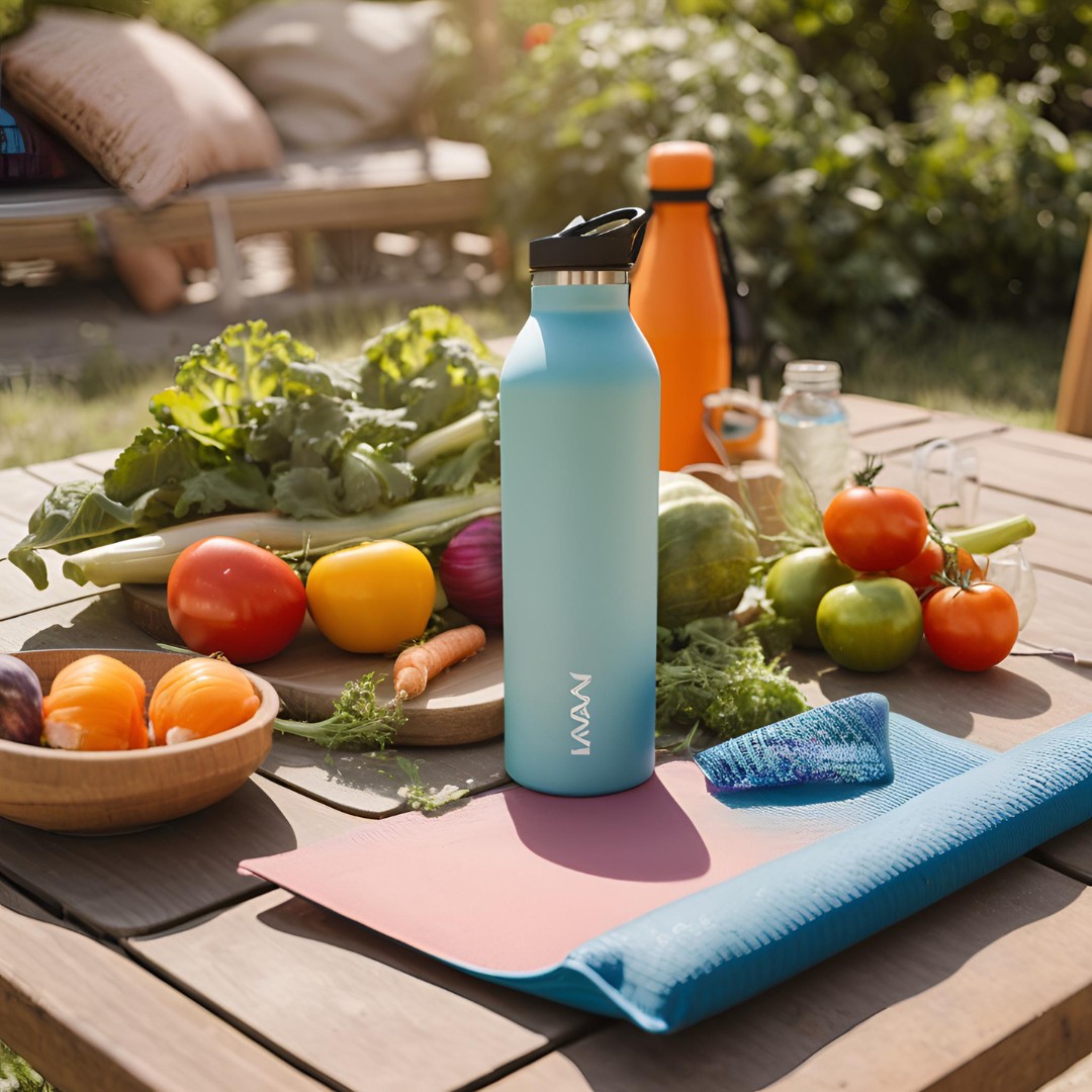 Sustainable health essentials: reusable water bottle, vegetables, and yoga mat.