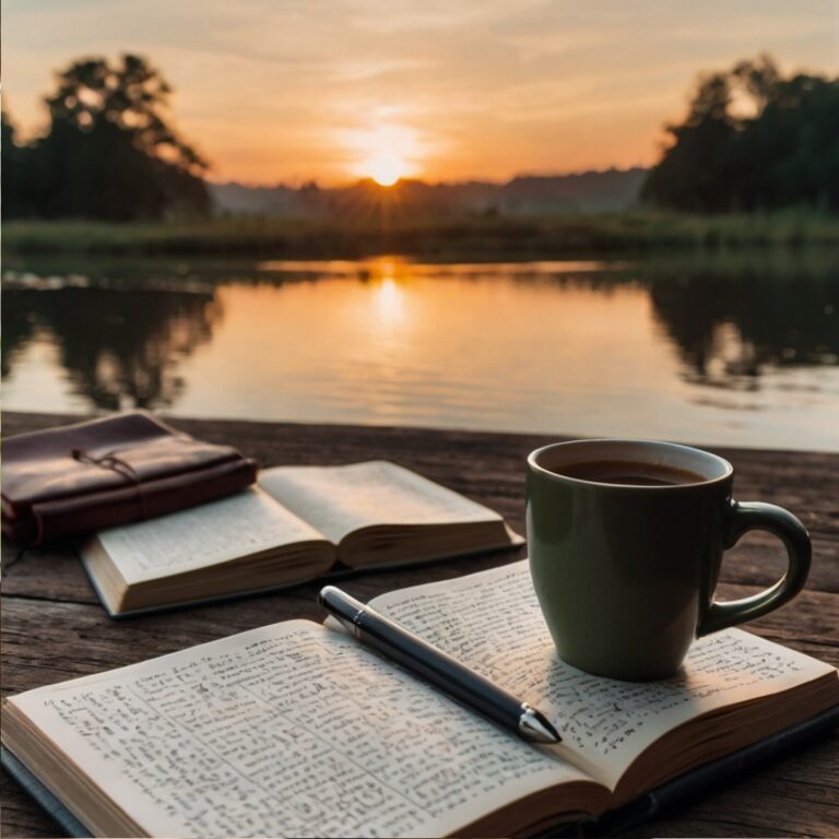 A serene morning scene with a sunrise, a cup of coffee, and a journal on a table.