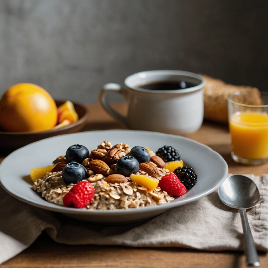 Healthy breakfast plate featuring oatmeal, fruits, and nuts, emphasizing nutrition in the morning.