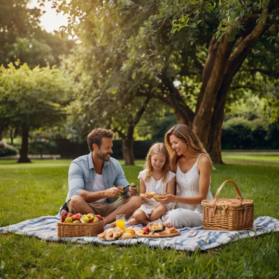 A family having a picnic in a lush park, highlighting the joy of outdoor digital detoxes.