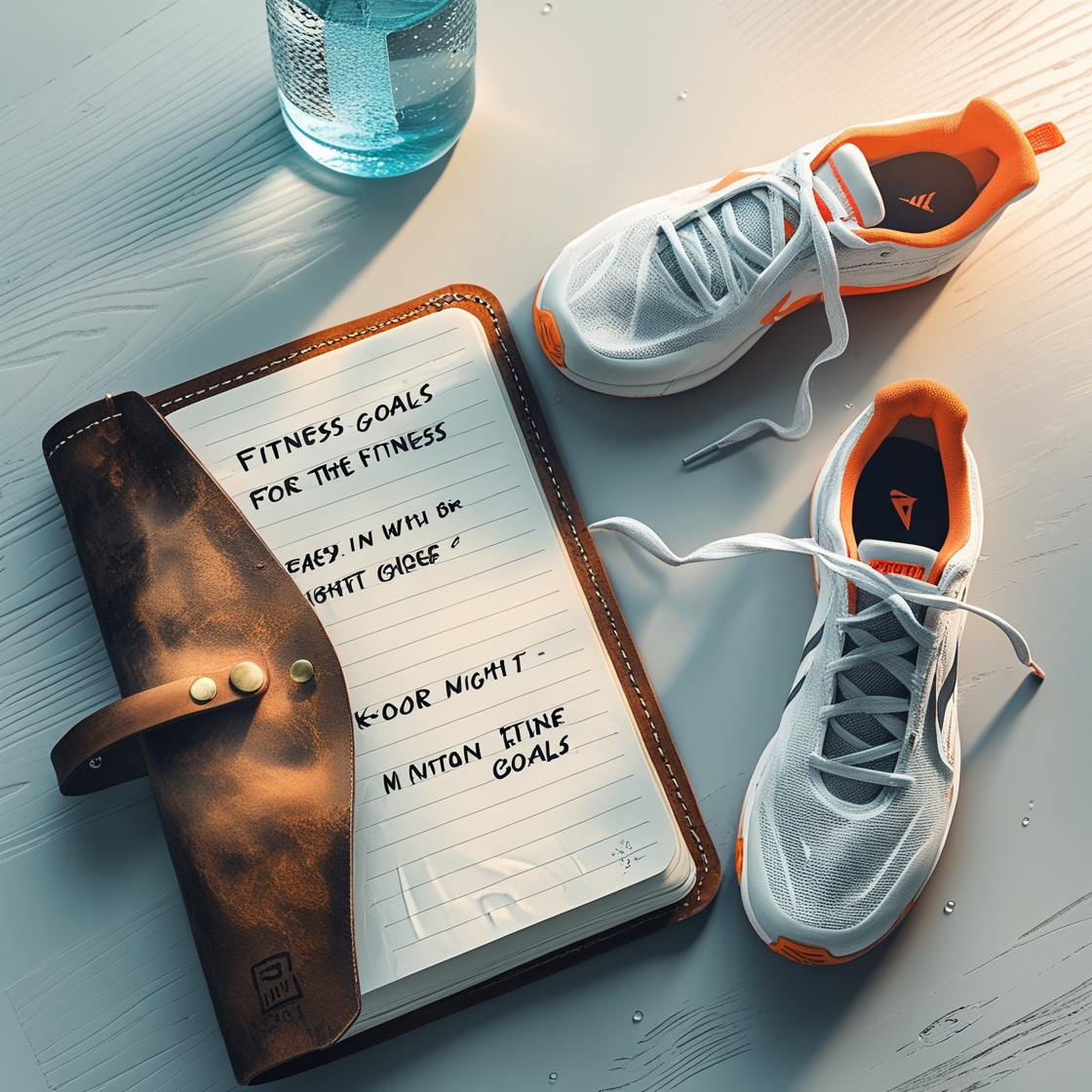 A fitness journal with goals, a water bottle, and sneakers, symbolizing planning and discipline.