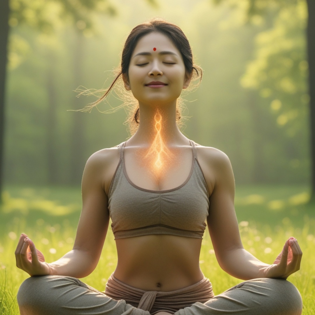 A person practicing Kapalbhati in a peaceful outdoor setting. Kapalbhati Pranayama for mental clarity and respiratory health. Placement: In the Kapalbhati section.