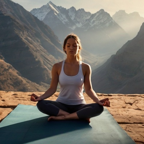 A person meditating on a cliff at sunrise, emphasizing the mental health benefits of nature."