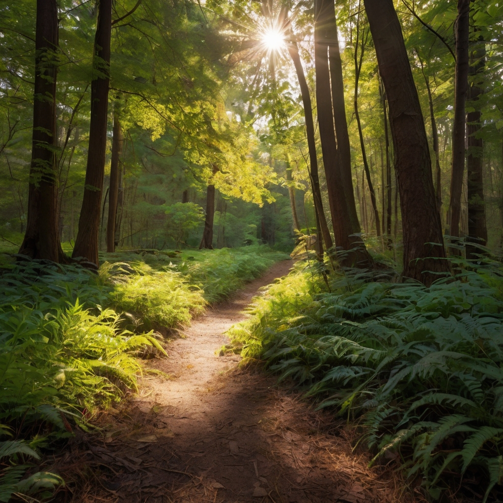 A peaceful forest path illuminated by sunlight, representing the connection between nature and mental health."