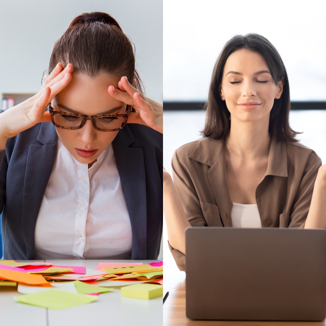 A split-screen image of a stressed worker and a meditating individual, A split-screen image of a stressed worker and a meditating individual, highlighting the importance of balancing productivity with self-care.