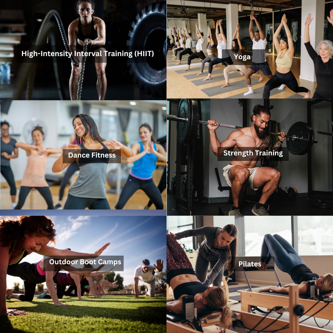 A vibrant collage of various fitness activities, including HIIT, yoga, and dance fitness.