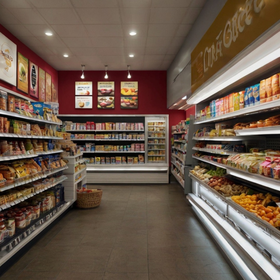 A convenience store aisle with healthy snack options highlighted.