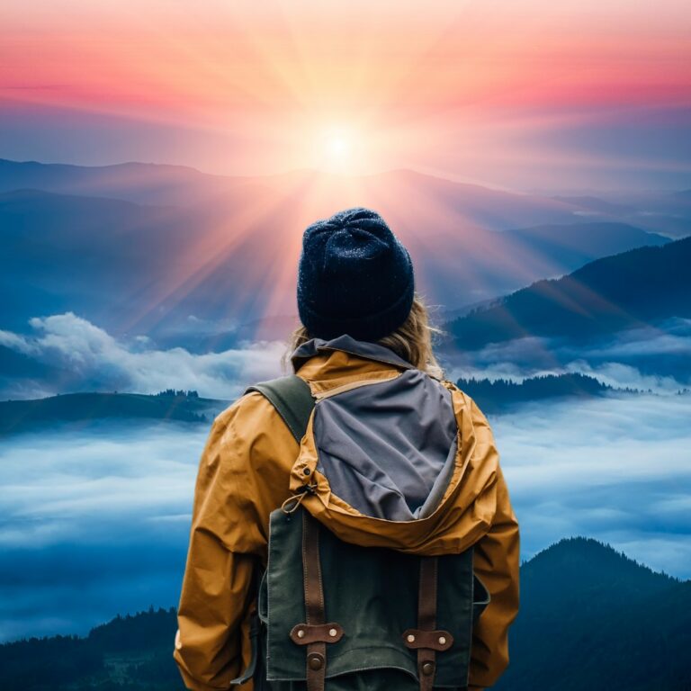 A sunrise view with a person standing at the top of a mountain, arms raised, symbolizing achievement and a new beginning.