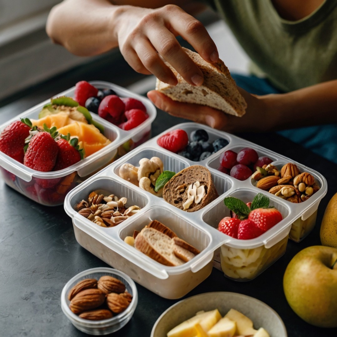 A person packing a lunchbox with fruits, nuts, and sandwiches.