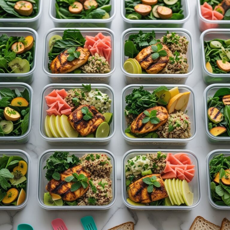 Meal prep containers filled with healthy foods for on-the-go eating.