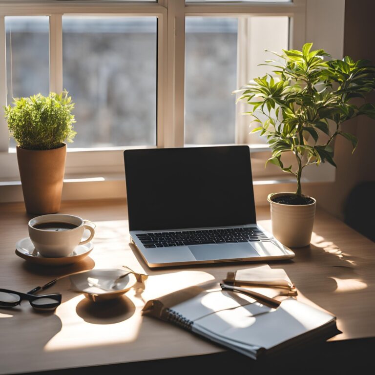 A serene workspace with a notebook, coffee mug, and a small potted plant next to a window with natural light streaming in.