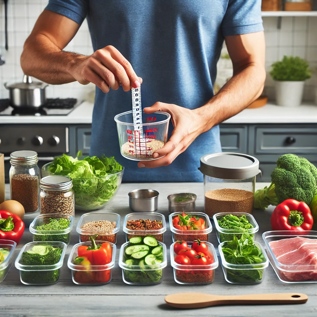 A person using measuring cups to portion out grains and proteins while meal prepping.