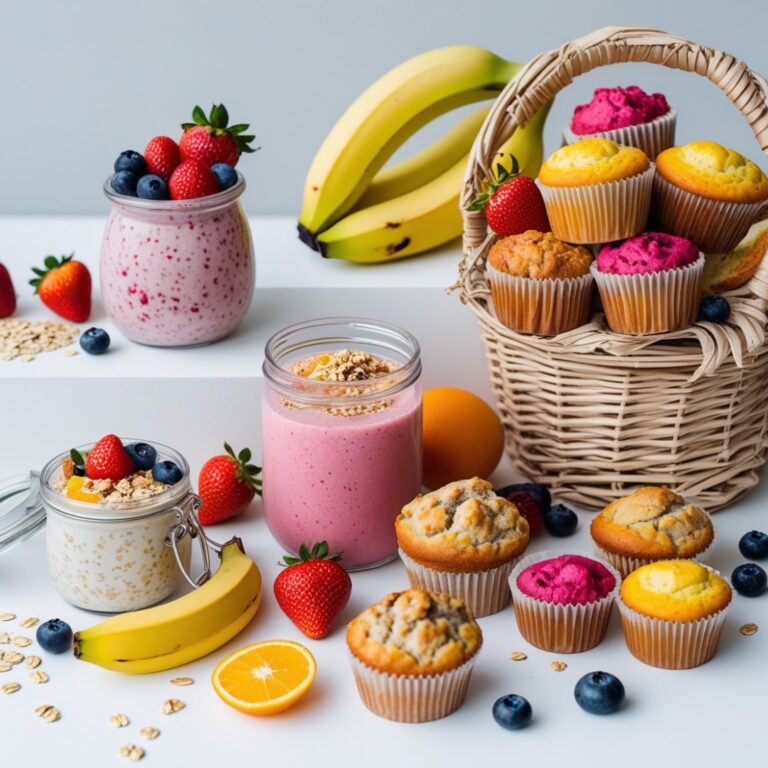 A colorful spread of budget-friendly breakfast options including overnight oats, fruit smoothies, and muffins."