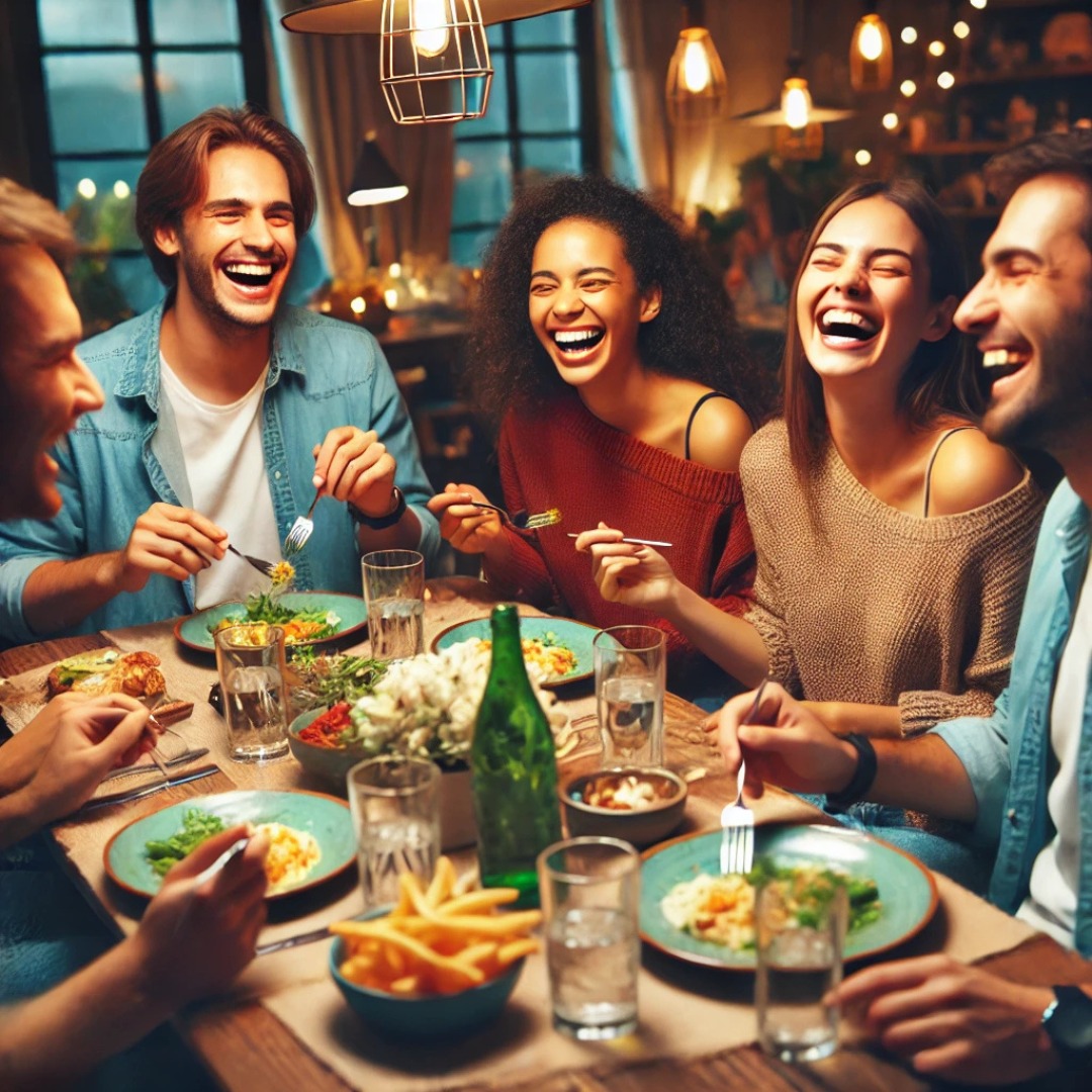 Friends sharing a meal to strengthen social bonds and reduce burnout.