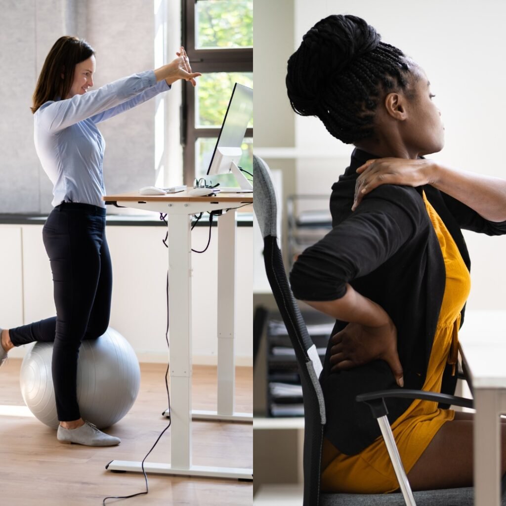 Person transitioning from sitting to standing to combat sedentary lifestyle risks.