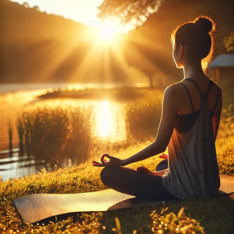 Individual practicing meditation at sunrise to overcome burnout.