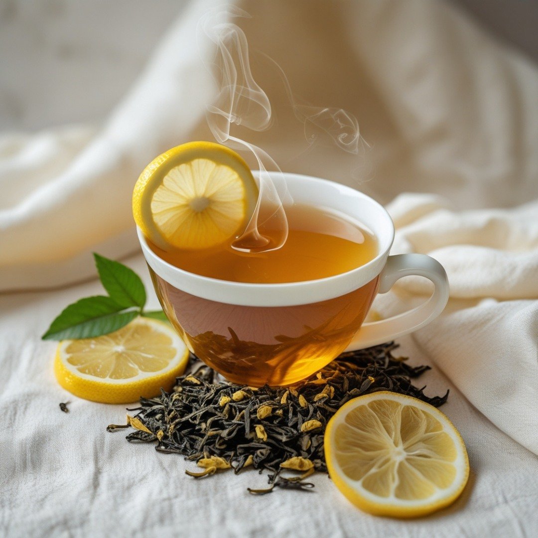 A steaming cup of herbal tea A cup of herbal tea with lemon and honey, a natural way to support immune health.