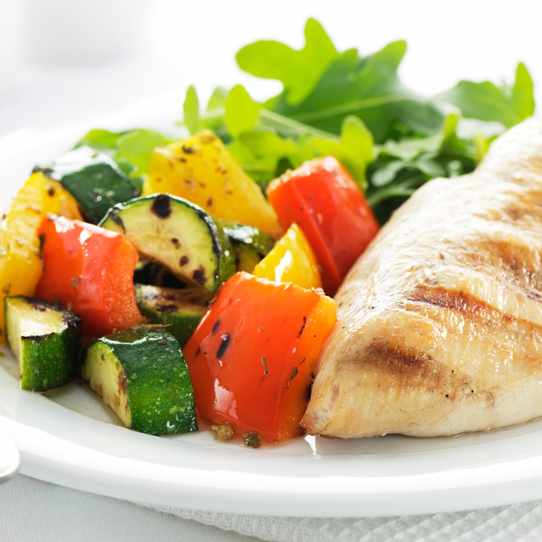 A vibrant, well-balanced meal showcasing healthy eating for longevity. Healthy, balanced meal showcasing portion control and nutritious eating for longevity.