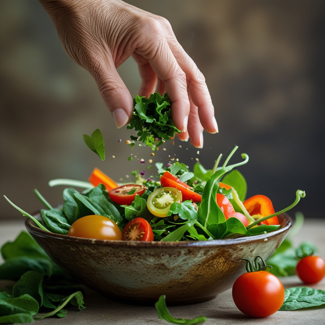 Adding fresh, fiber-rich vegetables to a healthy salad for a balanced meal.