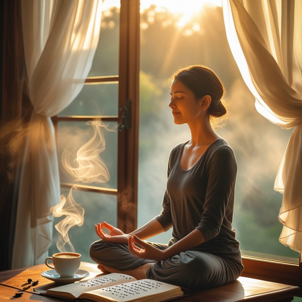 Person meditating in a peaceful morning setting for a successful routine.