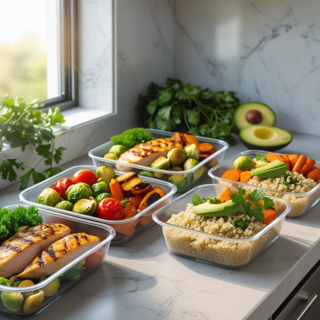 Organized meal prep containers with healthy food for the week