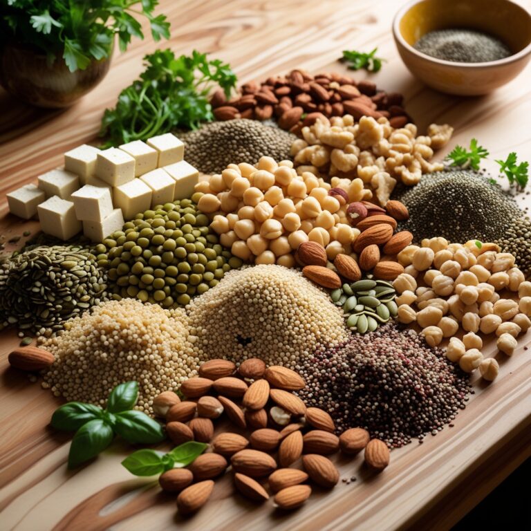 A variety of plant-based protein sources, including legumes, tofu, nuts, and seeds, arranged on a kitchen counter.