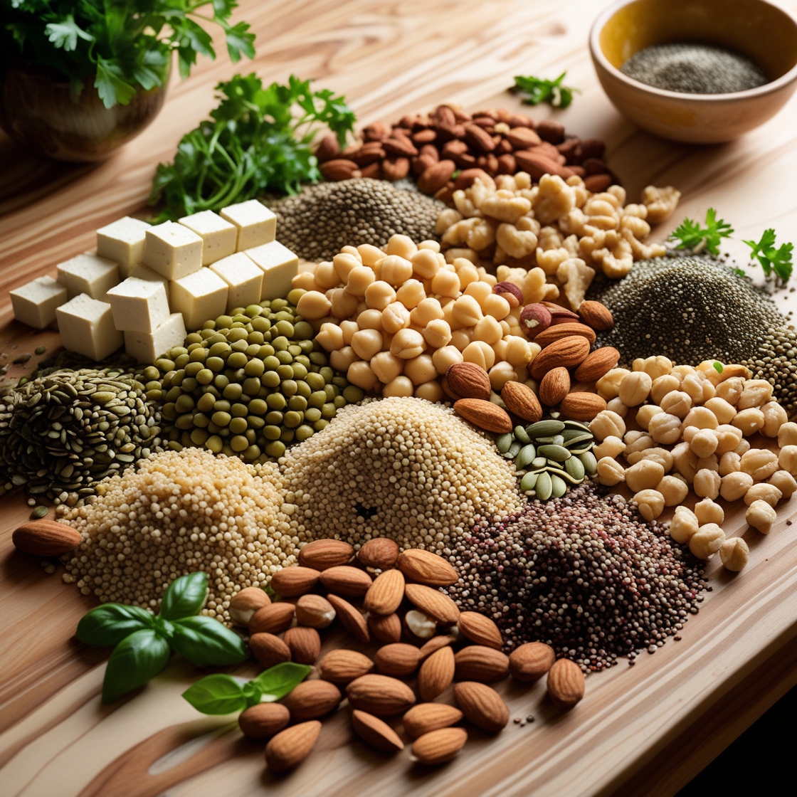 A variety of plant-based protein sources, including legumes, tofu, nuts, and seeds, arranged on a kitchen counter.