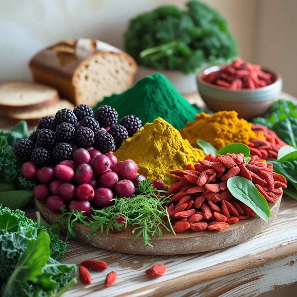 Assortment of superfoods on a wooden table.