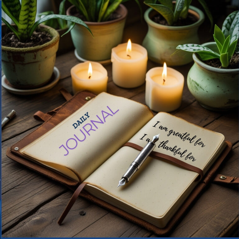 Open journal with a pen, surrounded by calming elements like candles and plants.