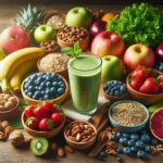 Colorful assortment of fresh fruits, vegetables, nuts, and whole grains for energy-boosting diet.