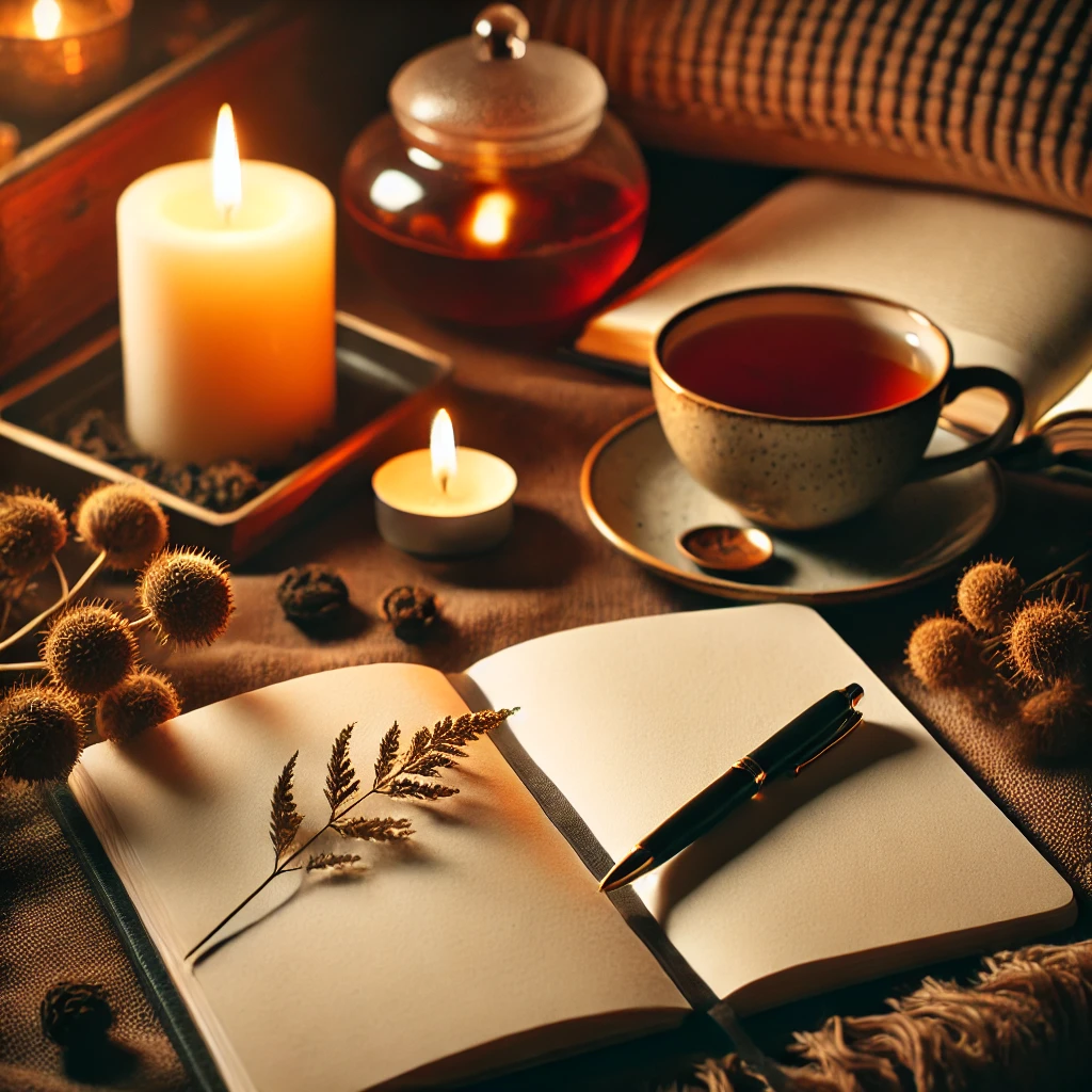 A cozy setting with a journal, a cup of herbal tea, and a lit candle, representing self-care and reflection.