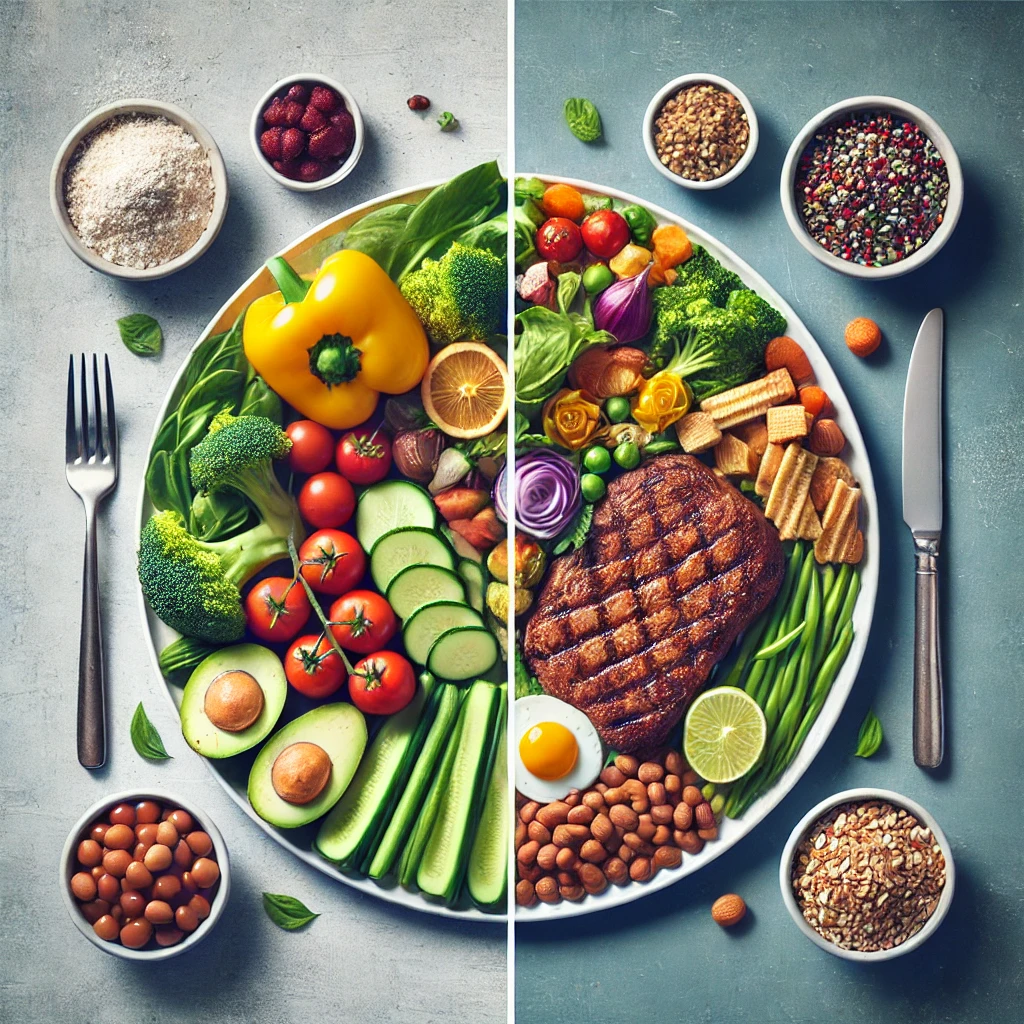 A side-by-side comparison of an oversized meal vs. a properly portioned plate.