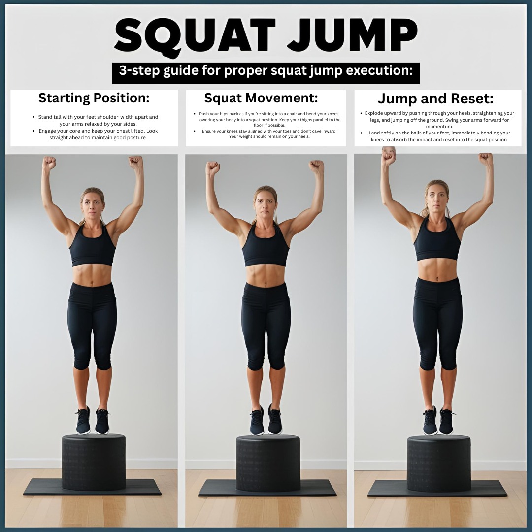 3 squat jump ste by step instruction Infographic demonstrating proper technique for squat jumps.
