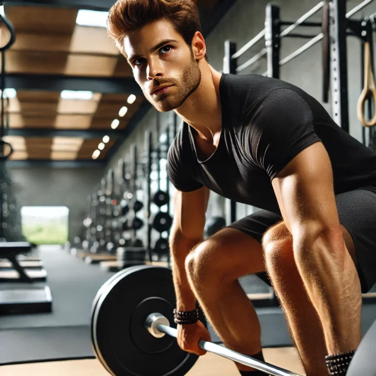 Person lifting weights in a gym with determination and focus.