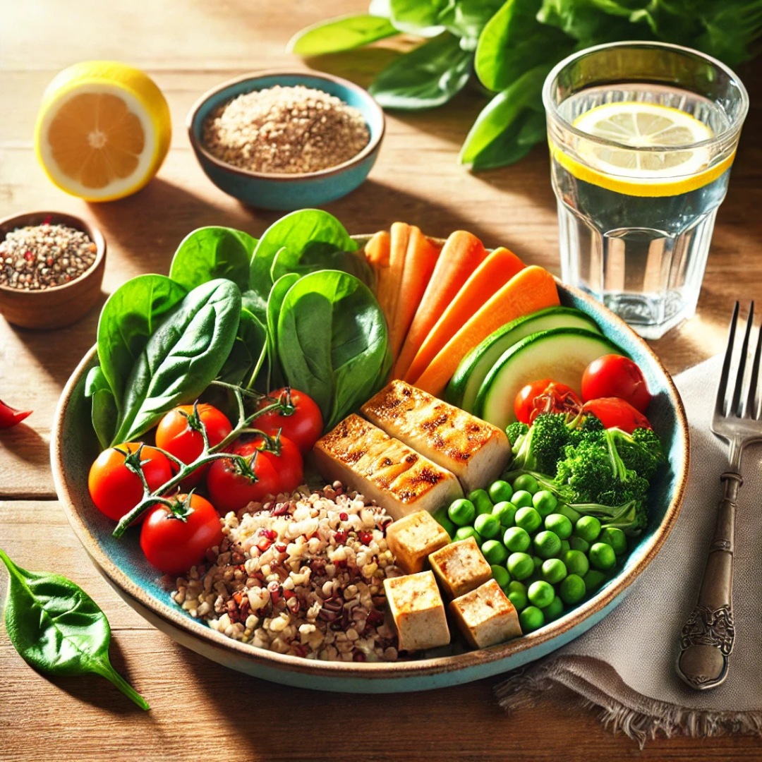 A nutritious plate with fresh fruits, vegetables, and whole grains for a balanced diet. A nutritious plate with fresh fruits, vegetables, and whole grains for a balanced diet.
