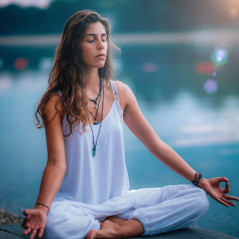 Individual practicing mindfulness meditation at sunrise in nature.