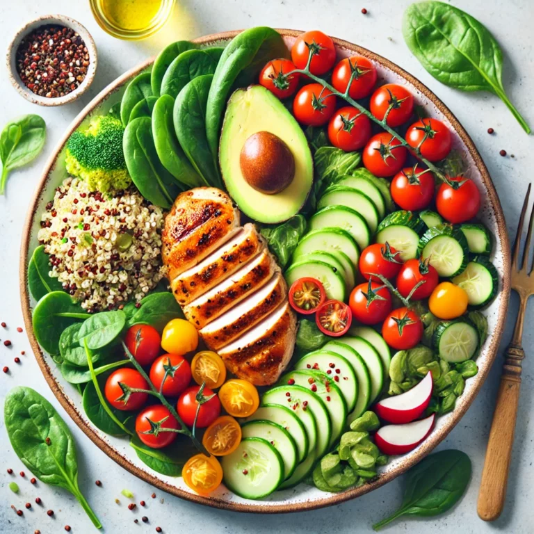 A colorful plate of whole foods (vegetables, protein, healthy fats) to represent balance.