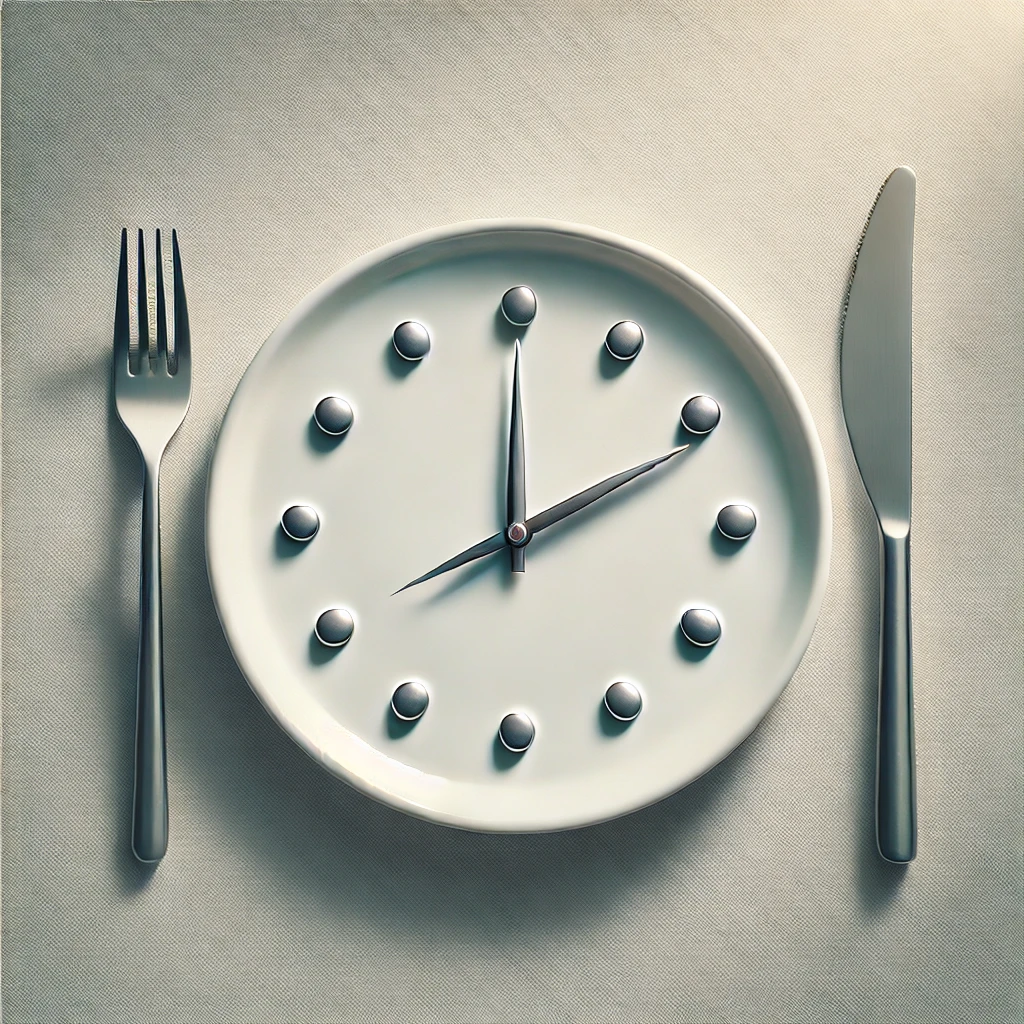 A plate with a clock symbolizing the concept of intermittent fasting.