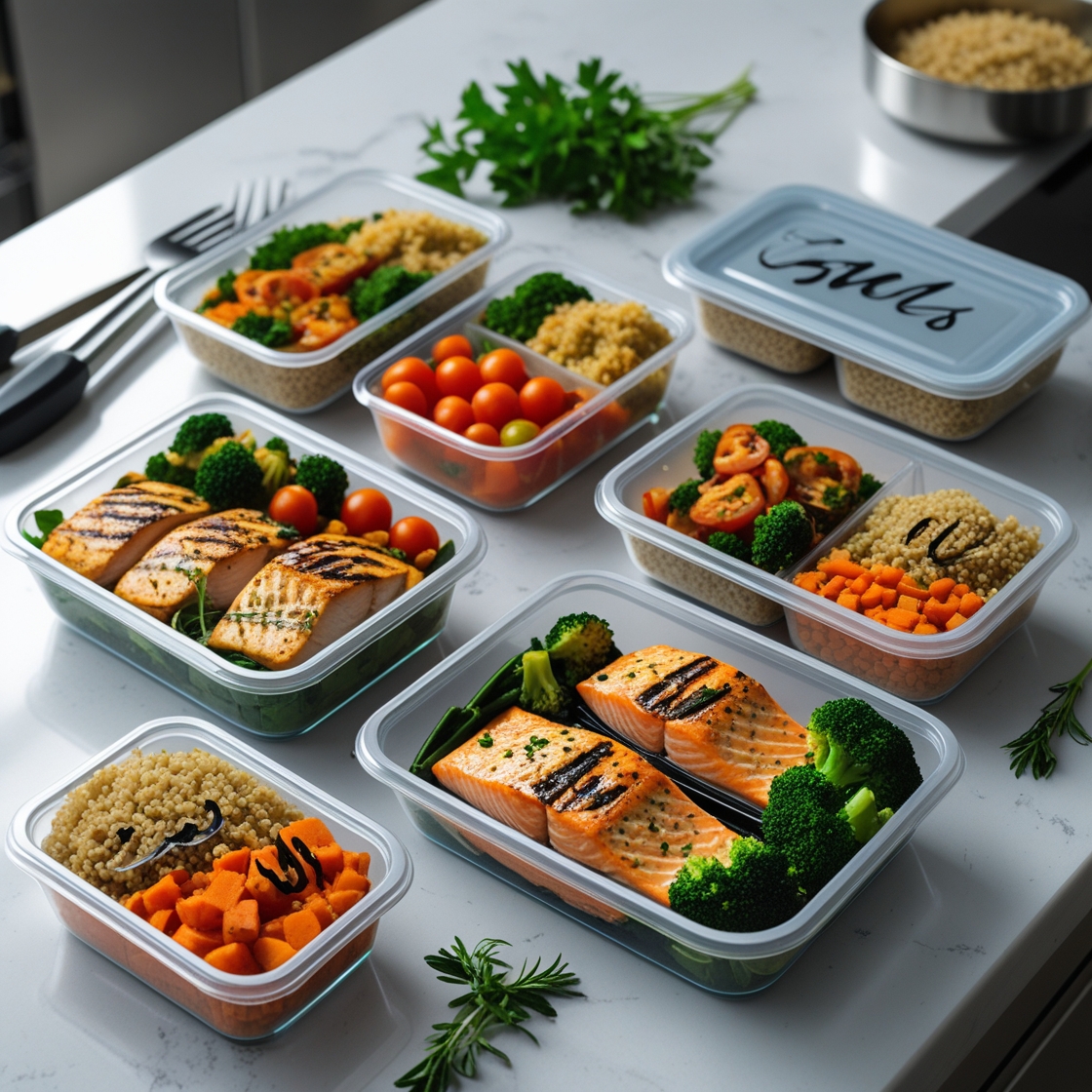 Healthy meal prep for muscle gain with chicken, rice, and vegetables in meal containers.