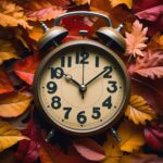 Alarm clock with autumn leaves symbolizing the end of daylight saving time.