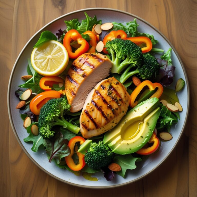 Balanced anabolic diet meal for muscle growth featuring protein-rich foods and healthy fats.