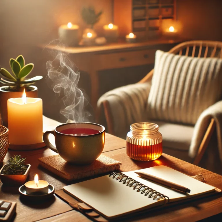 A cozy self-care setup with a journal, herbal tea, and a candle.