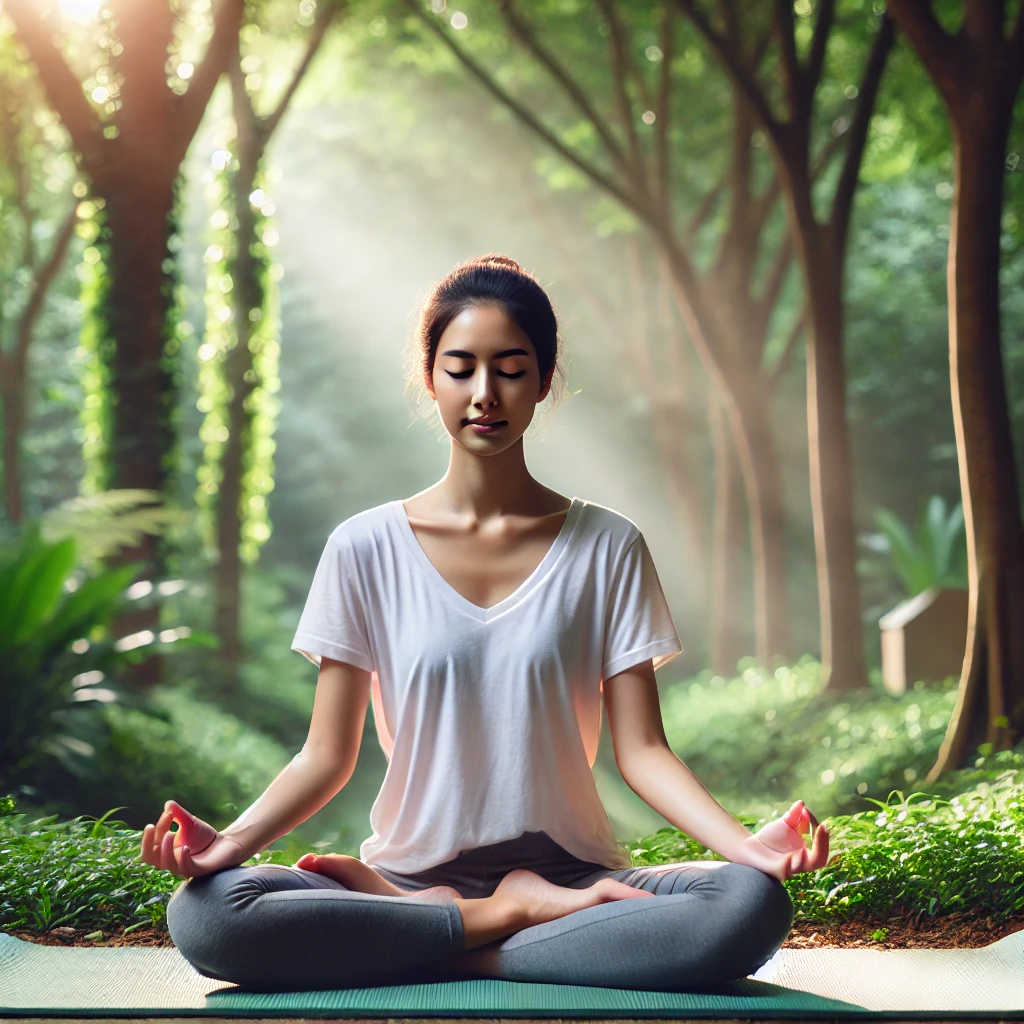 A woman meditating in a peaceful, greenery-filled space